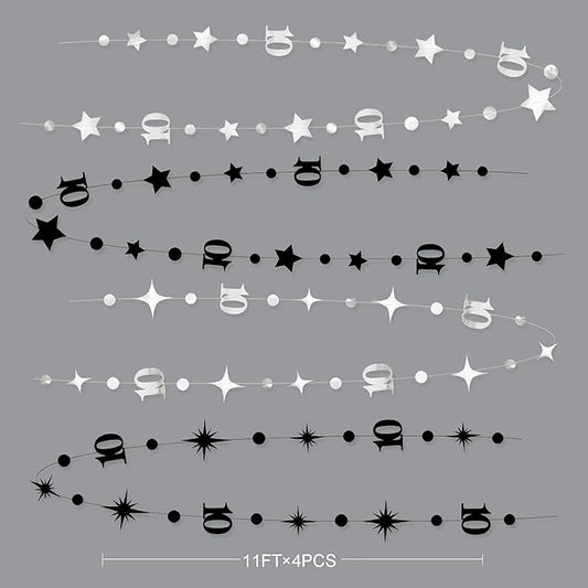 Silver Black 10th Birthday Decorations Number 10 Circle Dot Twinkle Star Garland Metallic Hanging Streamer Backdrop for Girls Boys Double Digits Ten Years Old Birthday 10th Anniversary Party Decor