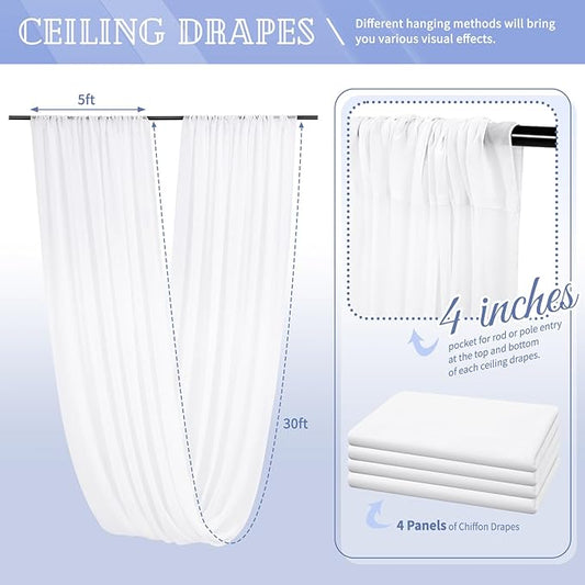 4 Panels White Ceiling Drapes for Wedding 5ftx30ft Sheer Drapery Chiffon Fabric Arch Draping Curtains for Party Ceremony Birthday Baby Shower Reception Stage Ceiling Decorations