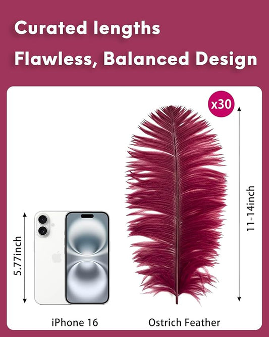 NEWONG 30pcs Wine red Ostrich Feathers Natural Bulk 11-14inch(28-35cm) Vase Craft Wedding Home Party Centerpieces Christmas Day Decoration