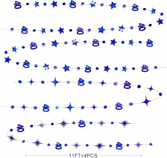 Navy Blue 40th Birthday Decorations Number 40 Circle Dot Twinkle Star Garland Metallic Hanging Streamer Bunting Banner Backdrop for Women 40 Year Old Birthday Forty Anniversary Party Supplies