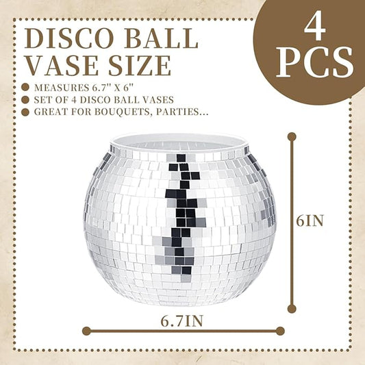 4 Pcs Disco Ball Vases,Plastic Disco Ball Centerpieces 6" X 6.7" Disco Ball Decor Silver Mirror Disco Ball Planter Can Be Used for Wedding Centerpieces,Birthday,Office