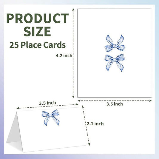 25 Blue Bow Place Cards for Table Seating, Watercolor Wedding Name Place Card, Tent Cards for Birthday Bridal Shower Baby Shower Reception Dinner Party Decorations -A22