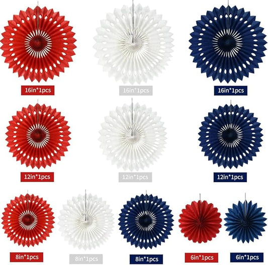 BEISHIDA Red White Blue Hanging Honeycomb Round Paper Fans Decoration Patriotic Theme Tissue Paper Fan Garland for Baby Shower Kid Birthday Graduation Wedding Party Supplies(11packs)