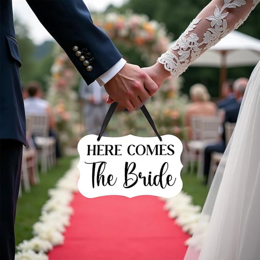 Acrylic Wedding Sign, Ring Bearer Sign, Here Comes The Bride Sign, for Rustic Wedding Decoration Hanging Signs, Acrylic Wall Art for Weddings Reception Decorations and Event Party (White)