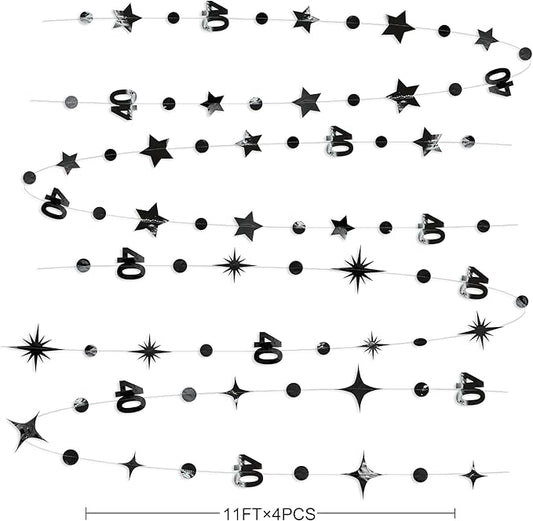 Black 40th Birthday Decorations Number 40 Circle Dot Twinkle Star Garland Metallic Hanging Streamer Bunting Banner Backdrop for Women Mens 40 Year Old Birthday Forty Anniversary Party Supplies