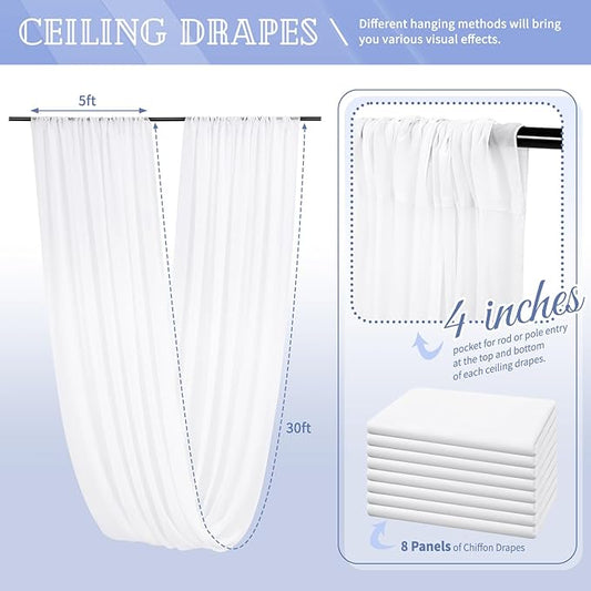 8 Panels White Ceiling Drapes for Wedding 5ftx30ft Sheer Drapery Chiffon Fabric Arch Draping Curtains for Party Ceremony Birthday Baby Shower Reception Stage Ceiling Decorations