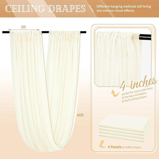 4 Panels Ivory Ceiling Drapes for Wedding 5ftx40ft Sheer Drapery Chiffon Fabric Arch Draping Curtains for Party Ceremony Birthday Baby Shower Reception Stage Ceiling Decorations