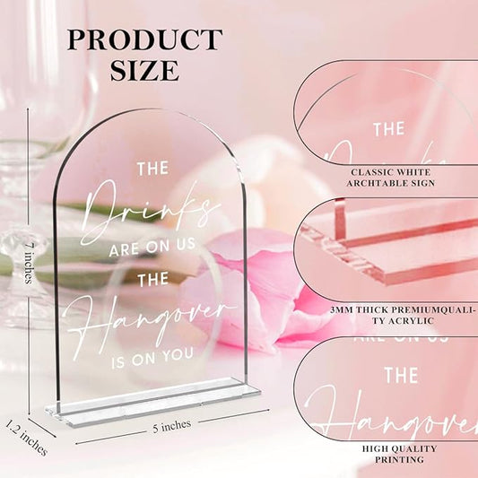 Wedding Signs,The Drinks Are on Us Sign, 5 x 7 Inch Arch Acrylic Wedding Sign, Wedding Sign for Ceremony and Reception, Please Help Yourself Sign,Wedding Reception Decor (White)