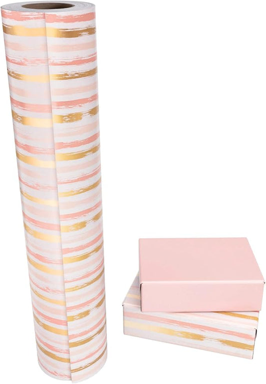 WRAPAHOLIC 30 Inch Reversible Wrapping Paper Roll - 30 Inch X 100 Feet Jumbo Roll Pink and Gold Lines Print for Birthday, Holiday, Wedding, Baby Shower and More Occasions