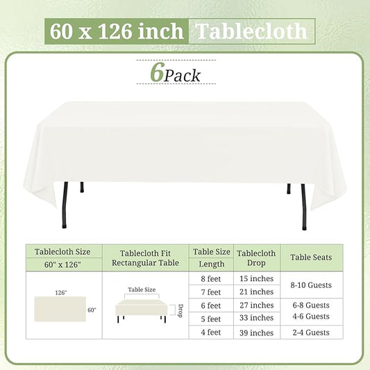 6 Pack Ivory Tablecloths for 8ft Rectangle Tables 60 x 126 Inch - Polyester Table Cover Stain and Wrinkle Resistant Washable Fabric Table Clothes for Wedding Party Banquet Reception Restaurant