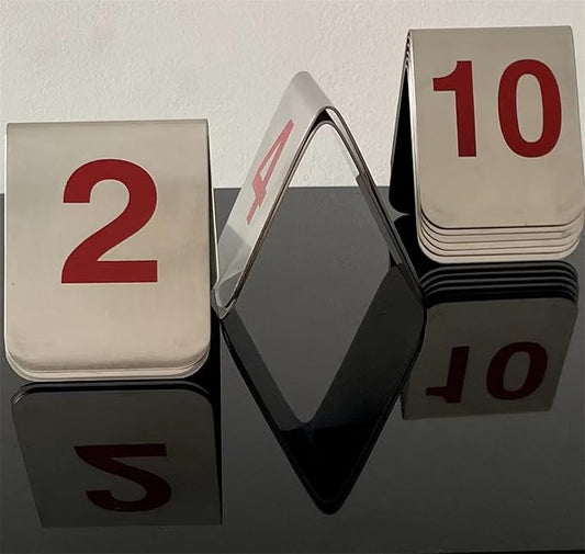 10 Pcs Metal Place Cards Stackable Tent Style Table Numbers,Place Card Holders for Celebration Wedding Party Restaurants Cafes Bars Gatherings meeting Room Board Game Serial (Medium 1-10, Red)