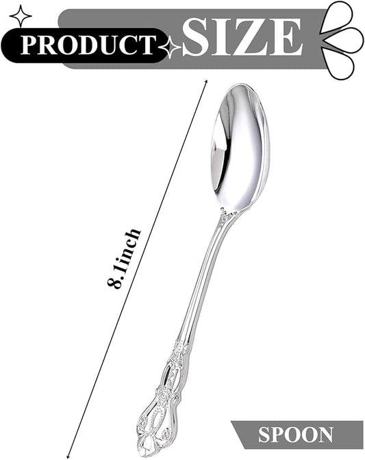 30PCS Silver Plastic Spoons - Silver Spoons Disposable - 8.1 Inch Heavy Duty Plastic Silverware - Heavyweight Elegant Disposable Utensils for Catering, Parties, Dinners, Weddings
