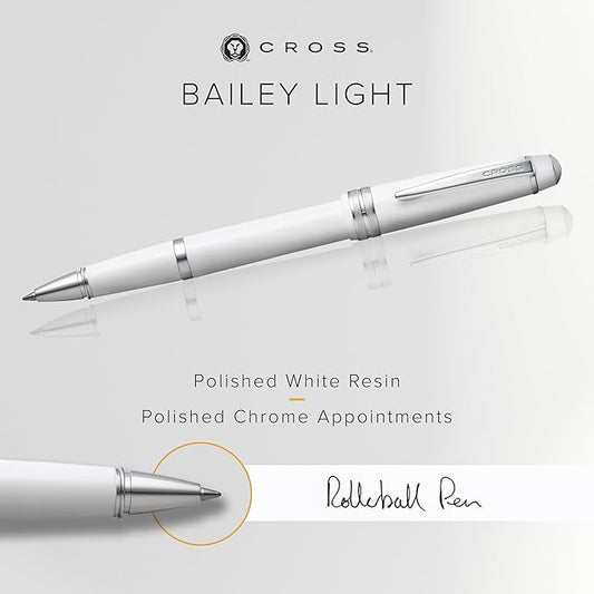 Cross Bailey Light Refillable Rollerball Pen Presented in a Everyday Gift Box - Medium Point, Black Ink, Polished White