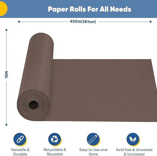 Chocolate Brown Wrapping Paper, 15"x450" Solid Color Dark Brown Art Craft Easel Bulletin Board Decorative Kraft Paper Roll, Birthday Father's Day Bouquet Flower Gift Wrap for Men Husband Dad Boys