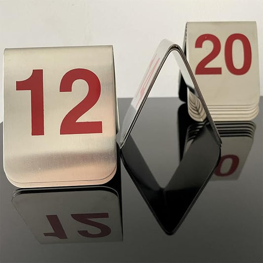 10 Pcs Metal Place Cards Stackable Tent Style Table Numbers,Place Card Holders for Celebration Wedding Party Restaurants Cafes Bars Gatherings meeting Room Board Game Serial (Medium 11-20, Red)