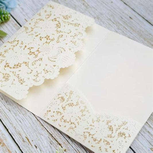 MillaSaw Ivory Embossed Laser Cut Invitation Pocket Envelope, Floral Engraved Invitation Sleeve, for Anniversary Bridal Shower Quinceañera Birthday Party (ivory)