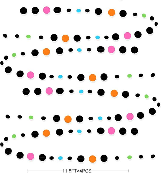 Black and Colorful Circle Dots Hanging Paper Streamer Black Multi-Color Polka Dot Banner for Birthday Bachelorette Wedding Baby Shower Fiesta Disco Halloween Party Decorations Supplies