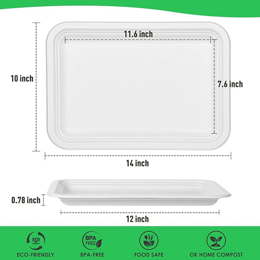 Gezond 50 Pack 14 Inch Disposable Food Trays Eco-friendly Heavy-Duty Large Paper Plates Compostable Sugarcane Platters for Crawfish, BBQ, Seafood Boil Party Supplies White