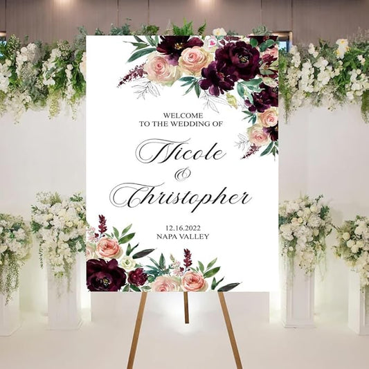 Welcome To Our Wedding Sign, Wedding Welcome Sign, Wedding Ceremony Welcome Sign, Floral Welcome Wedding Ceremony Sign, Blush Wine Flowers, Customized Wedding Welcome Sign