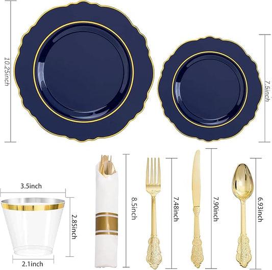 Liacere 350PCS Navy Blue Plastic Plates-Disposable Blue Gold Plates 50guest Plastic Dinnerware include 100Plates,50Pack Pre Rolled Napkins with Silverware 50Cups for Wedding&Halloween