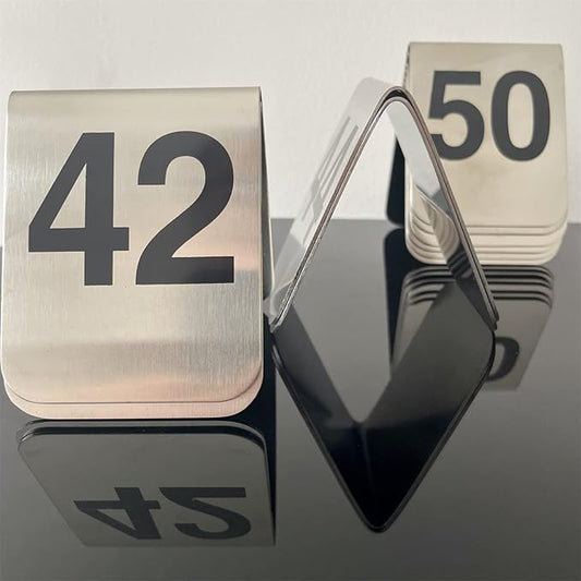 10 Pcs Metal Place Cards Stackable Tent Style Table Numbers,Place Card Holders for Celebration Wedding Party Restaurants Cafes Bars Gatherings meeting Room Board Game Serial (Medium 41-50, Black)