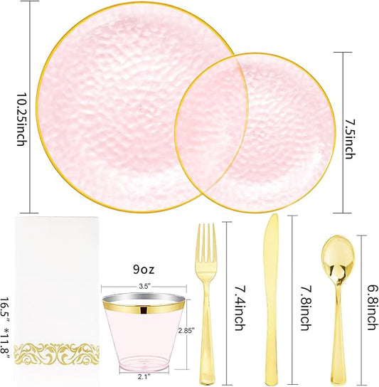 Rubtlamp 350 Pcs Clear Pink Plastic Plates, Pink Gold Plastic Dinnerware Set (50 Guests), Disposable Plates With Gold Rim, Hammered Party Plates Set for Wedding And Party