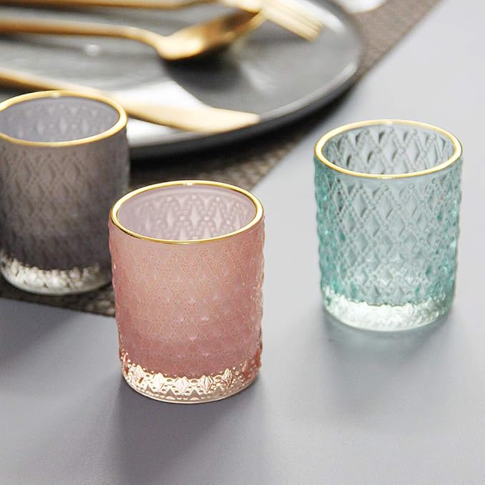 SHMILMH Pink Votive Candle Holders Set of 12, Vintage Glass Tealight Candle Holder with Gold Rim, Votives for Valentines Table Centerpiece, Wedding Decoration