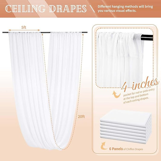 6 Panels White Ceiling Drapes for Wedding 5ftx20ft Sheer Drapery Chiffon Fabric Arch Draping Curtains for Party Ceremony Birthday Baby Shower Reception Stage Ceiling Decorations
