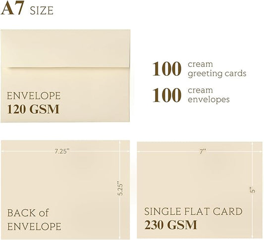 Ivory Blank Cards and Envelopes (Unfolded), Goefun 5x7 Flat Cream Cardstock and A7 Envelopes Self Seal 100 Pack for Wedding, Invitations, DIY Greeting Cardstock, Thank You Cards & All Occasion