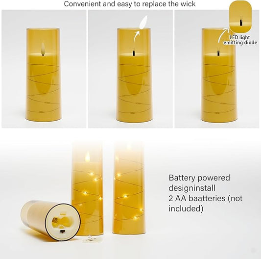 Flameless LED Candles with Timer 9 Pc Flickering Flameless Candles for Romantic Ambiance and Home Decoration Stable Acrylic Shell,with Embedded Star String,Battery Operated Candles(Gold)
