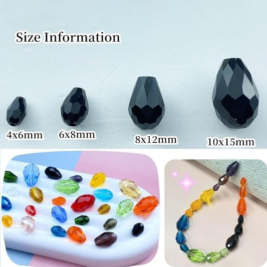 50pcs 10x15mm Teardrop Crystal Glass Beads Vertical Hole Faceted Glass Teardrop Spacer Beads for Bracelets Necklace Earring DIY Jewelry Making Craft(Black)