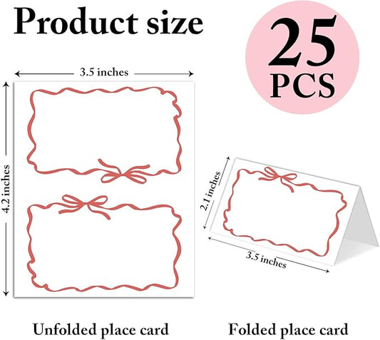25 Pack Red Bow Wave Place Cards, Editable Name Cards for Table Setting, Tent Cards Food Label for Dinner Party, Bridal Shower, Wedding, Baby Shower and Events -T13