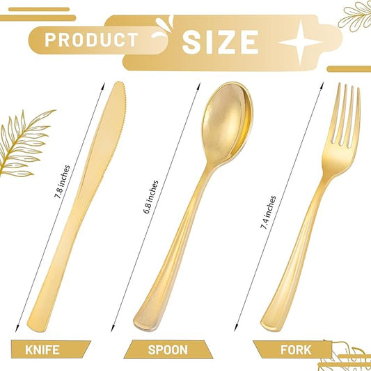 300 Pieces Gold Plastic Silverware - Heavy Duty Disposable Cutlery Set - Gold Disposable Utensils Include 150 Forks, 75 Spoons, 75 Knives for Dinner, Parties, Weddings
