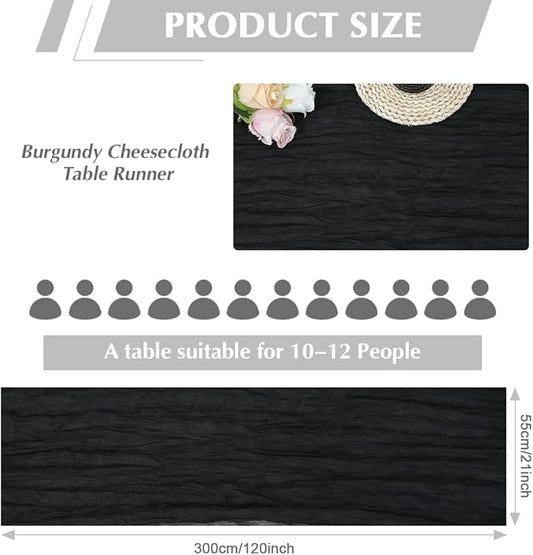 10 Pack Black Cheesecloth Table Runner -21*120Inch Long Boho Wedding Table Decor, Rustic Gauze Fabric Runner for Bridal Showers, Baby Showers & Parties (Sheer, Lightweight, Wrinkled Design)