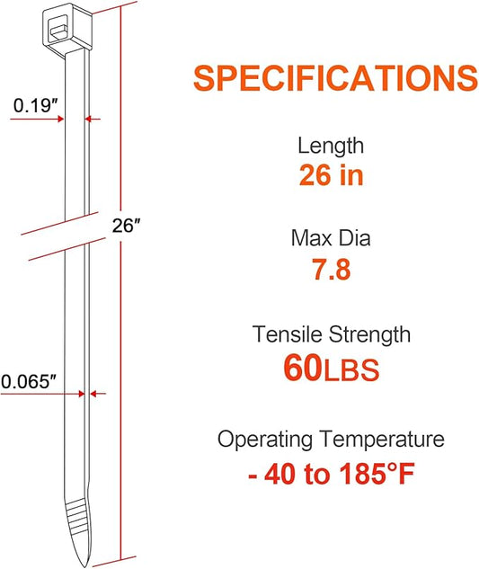 26 Inch White Long Zip Ties,60 LBS Tensile Strength Heavy Duty Large Cable Wire Ties With Self-Locking Adjustable More Durable Nylon Tie Wraps for Indoor Outdoor(100 Pack)