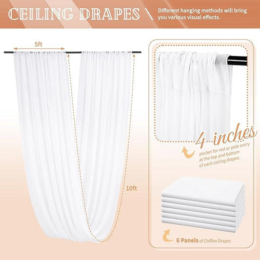 6 Panels White Ceiling Drapes for Wedding 5ftx10ft Sheer Drapery Chiffon Fabric Arch Draping Curtains for Party Ceremony Birthday Baby Shower Reception Stage Ceiling Decorations