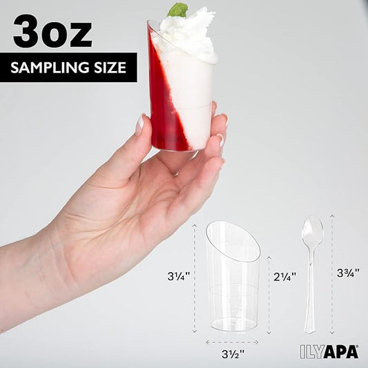 Ilyapa 3oz Plastic Dessert Cups - 100 Pack Mini Dessert Cups with Spoons - Clear Reusable Small for Cheesecake Shooters, Chocolate Mousse, Parfait - Party and Catering Supplies - Slanted