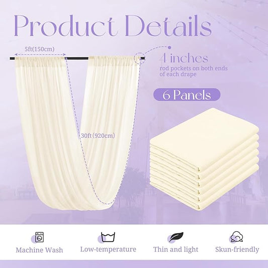 6 Panels Ivory Wedding Curtains - 5ftx30ft, Romantic Cheesecloth Sheer Drapes for Arch, Draping Fabric, Party & Ceremony Staging