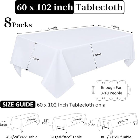 8 Pack White Table Cloth 60 x 102 Inch Rectangular Tablecloths for 6 Foot Rectangle Tables, Wrinkle Resistant White Tablecloth Washable Polyester Fabric Table Covers for Party Wedding Banquet