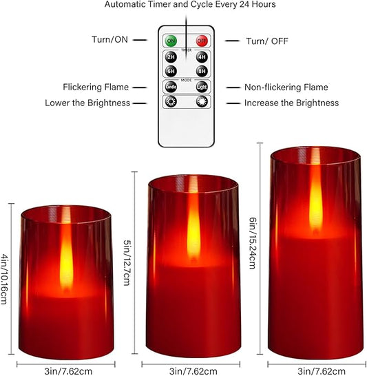Flameless LED Candles, Upgraded Realistic Flickering Flame Pillar Battery Operated Candles with Remote Timer, Acrylic Electric Set of 3 for Home Decoration and Holiday Celebrations(Red)