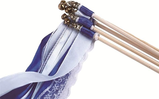 30pcs Lace Ribbon Stick Wands Christmas Birthday Party Streamers Wands Fairy Stick for Wedding Activities (Royal Blue+Lace)