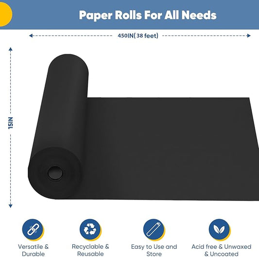 Black Wrapping Paper, 15"×450" Art Craft Kraft Paper Construction Bulletin Board Decorative Paper Roll for Father’s Day Birthday Halloween, Bouquet Graduation Gift Wrap for Nurse Men Boys