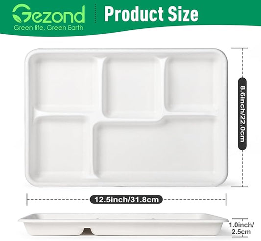 Gezond 100% Compostable 5 Compartment Plates 12.5 * 8.6 Inch, 100 Pack Disposable School Lunch Trays, Eco-Friendly Sugarcane Plates for Party Buffet Lunch Dinner