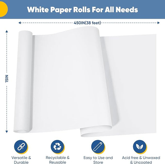 White Wrapping Paper Craft Paper Kraft Paper Roll 15" x 450", Bulletin Board Paper, Arts & Crafts, Gift Wrapping Packing Painting Drawing Paint Easel Poster Chart Decorative Paper, Kids Art Supplies