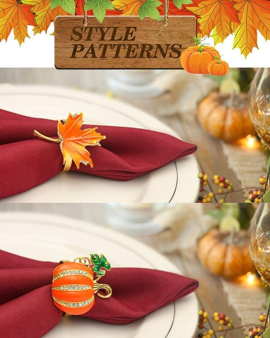 KPOSIYA 24 Pcs Fall and Christmas Napkin Set - 12 Thanksgiving Rings and 12 Cloth Napkins - Maple Leaf and Halloween Pumpkin Holders for Table Decorations