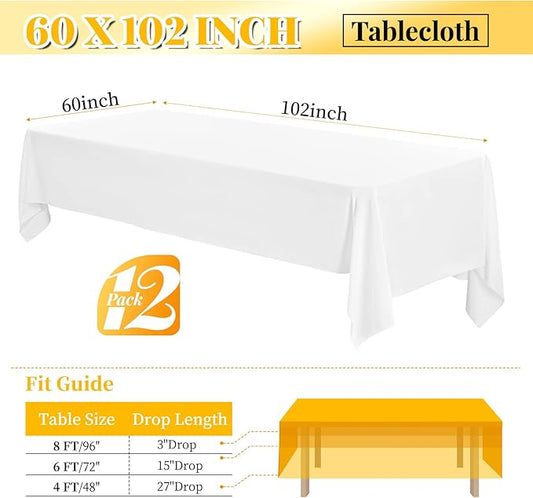 12 Pack 60 x 102 Inch Rectangle Tablecloth, White Tablecloth for 6 Feet Rectangle Tables,Polyester Tablecloth Washable Fabric Table Cloth for Wedding Dining Table Buffet Parties Camping