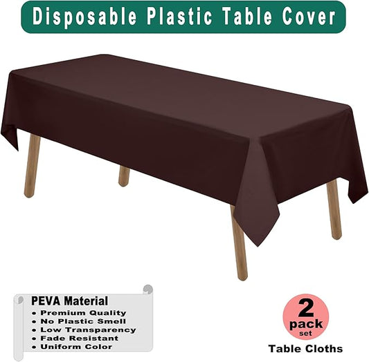 Brown Plastic Tablecloths 2 Pack Disposable Table Covers 54 x 108 Inch Party Tablecovers PEVA Coffee Table Cloths for BBQ Picnic Birthday Wedding Parties 8 ft Rectangle Table Use