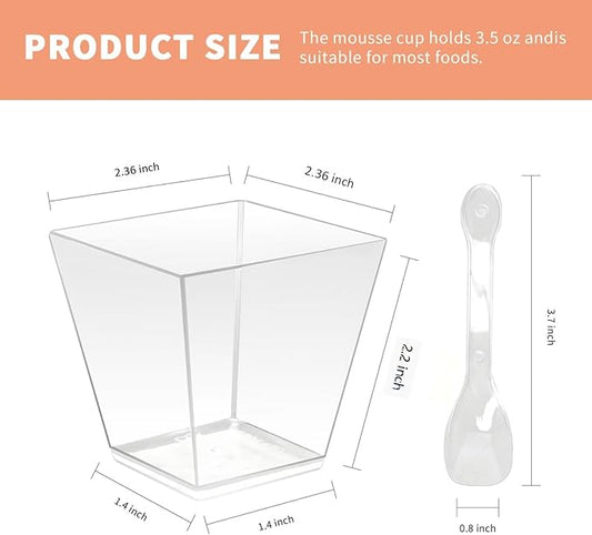50 Pack 3.5 oz Clear Plastic Square Dessert Cups with Spoons,Mini Disposable Parfait Cups for Yogurt, Ice Cream and Tasting,Serving Cups for Appetizer,Pudding,Party (3.5 oz)