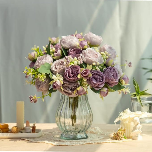 Artificial Peonies Silk Flowers in Glass Vase Faux Flowers Bouquets Modern Penoy Arrangement 4 Pack for Home Decoration Table Centerpiece (Purple)