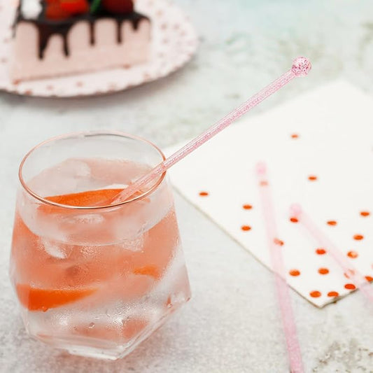 100-PCS Pink Glitter Plastic Swizzle Sticks, Crystal Cake Pops, Cocktail Coffee Drink Stirrers, Stir Sticks for Valentine's Day Christmas Party, 7.24 Inch